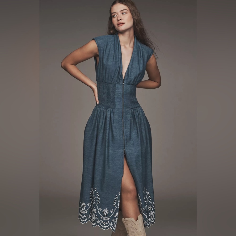 NWT! Anthropologie The Tommie Denim Eyelet Trim Dress - Size XS 5️⃣ - Picture 2 of 9